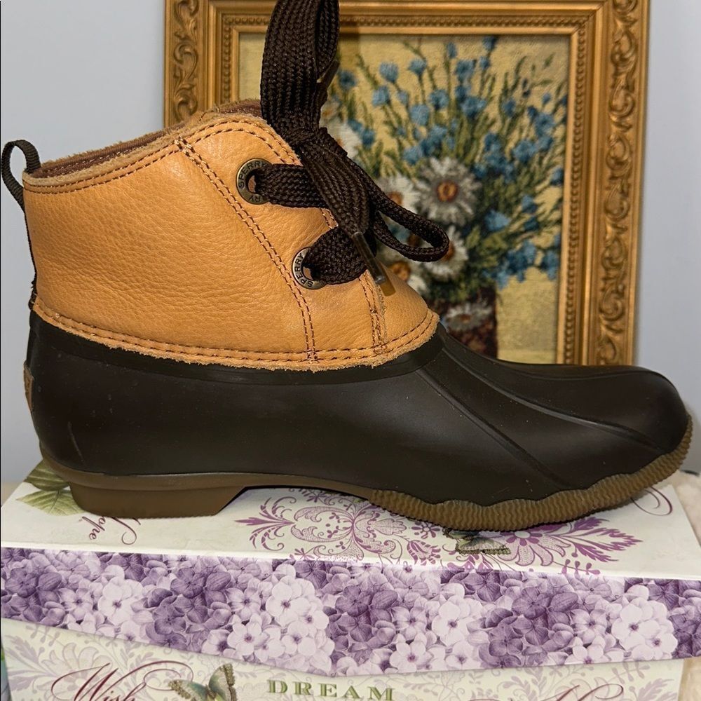SPERRY 8 Saltwater 2-eye Tan Leather Brown Lace up Ankle Duck Boots - Picture 5 of 15